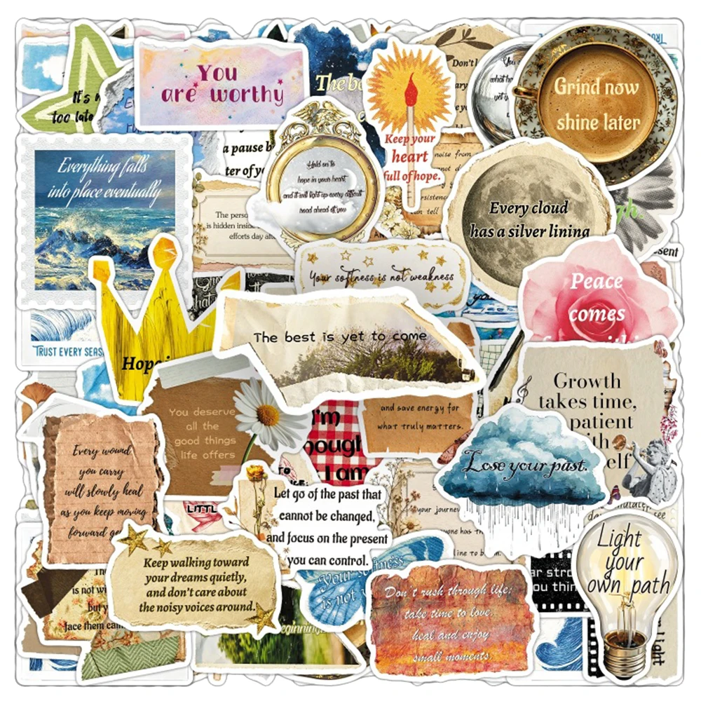 10/30/50pcs Inspirational English Phrase Stickers Vintage Aesthetic Sticker Scrapbooking Suitcase Phone Cartoon Decals Wholesale