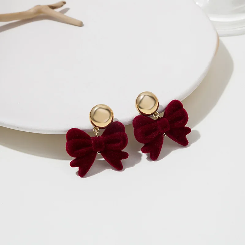 Classic Burgundy Velvet Bow Earrings for Women Jewelry Vintage Flocking Bowknot Dangle Statement Earings Party New Year Gift