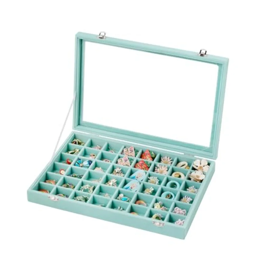 

Органайзер для украшений на 48 ячеек с регулируемыми отделениями для серег, стеклянной крышкой и бархатным выдвижным ящиком для колец и пусет, 13.8 x 9 дюймов