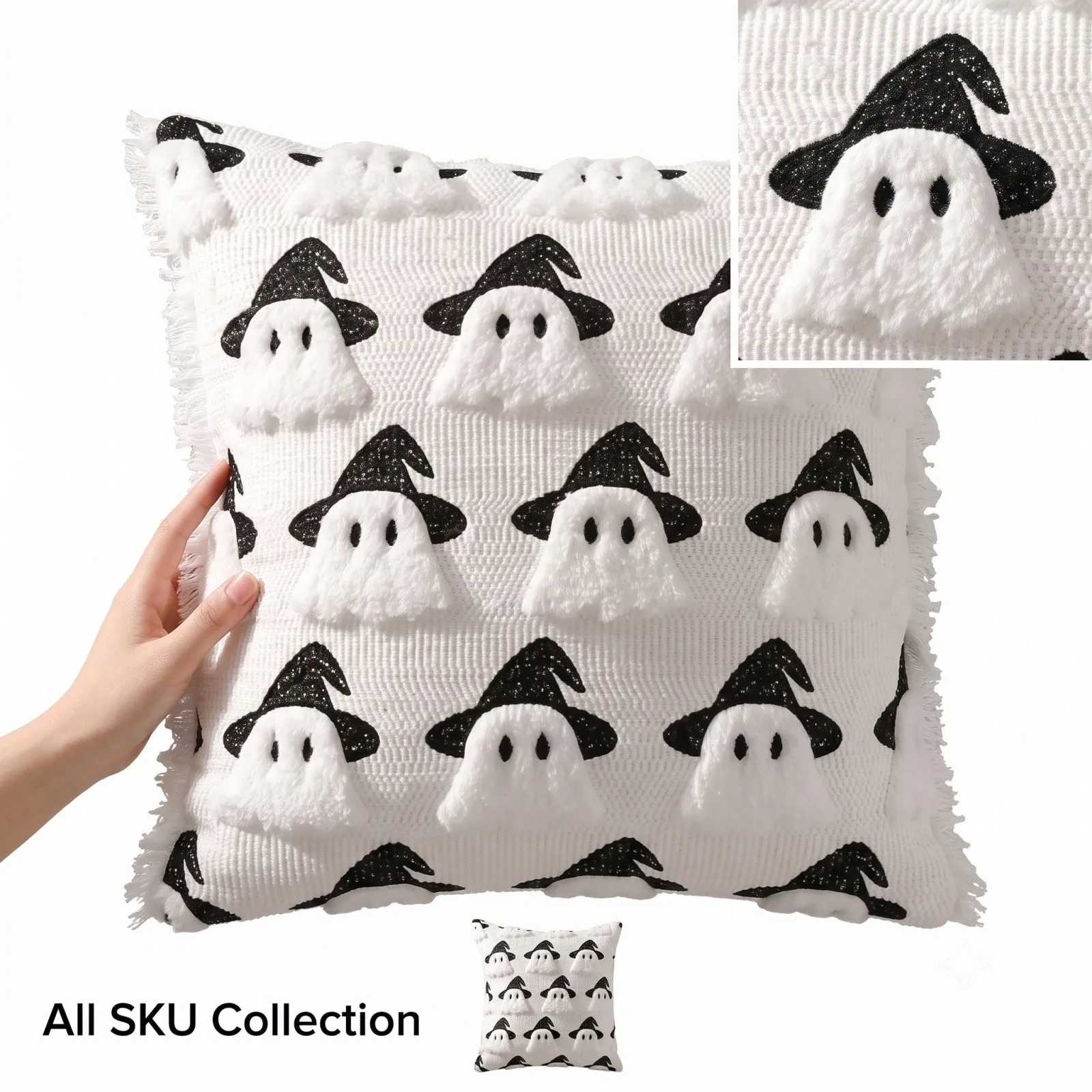 Halloween Witch Hat Ghost Print Pillowcase, 45*45cm Square Pillow Cover, Soft Plush Cushion Cover for Couch and Bedroom Decor