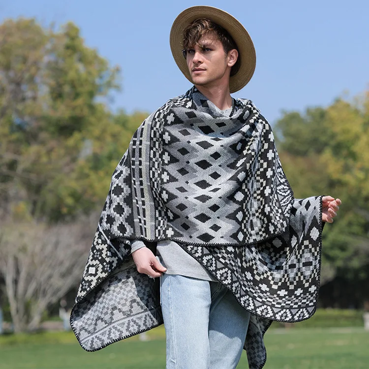 

Autumn and Winter New Hooded Cape Shawl Warm Men's Hot Selling Split Cape Travel Driving Multi-purpose take photo Poncho Cloak B