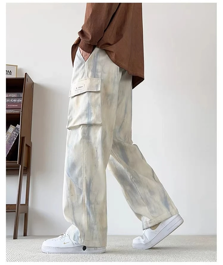 2025 Spring and Autumn American Style Tie-Dye Men's Black Cargo Pants Plus Size High Waist Straight Loose Casual Apricot Pants