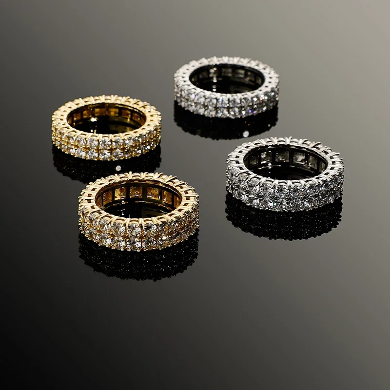 TUES New 6/7mm Couple Rings Full Micro Pave 2 Rows Zircon Color Preservation Waterproof Rings Hip Hop Fashion Jewelry