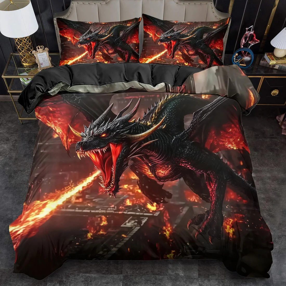 3-teiliges Bettwäsche-Set mit wildem Feuerdrachen, 3D-gedrucktes Bettbezug-Set mit schwarzem Drachen und Kissenbezügen für Jungen- und Teenagerzimmer