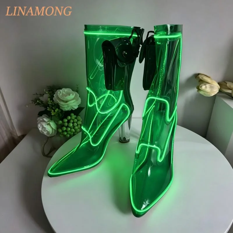 Female Pointed Toe Transparent Mid Calf Booties Clear Block Heel Back Zip Unique Pvc Material Multiple Bright Hue Fashion Boots
