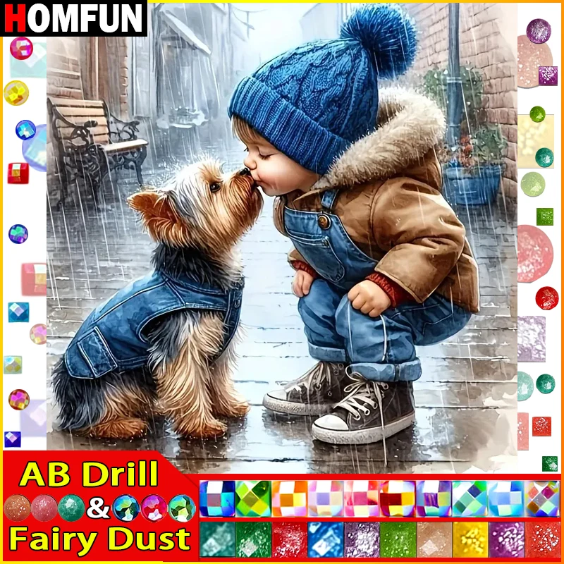 

HOMFUN Fairy Dust AB Diamond painting "Portrait Boy Dog" Full Square/Round Drill Wall Decor Inlaid Resin Embroidery Craft