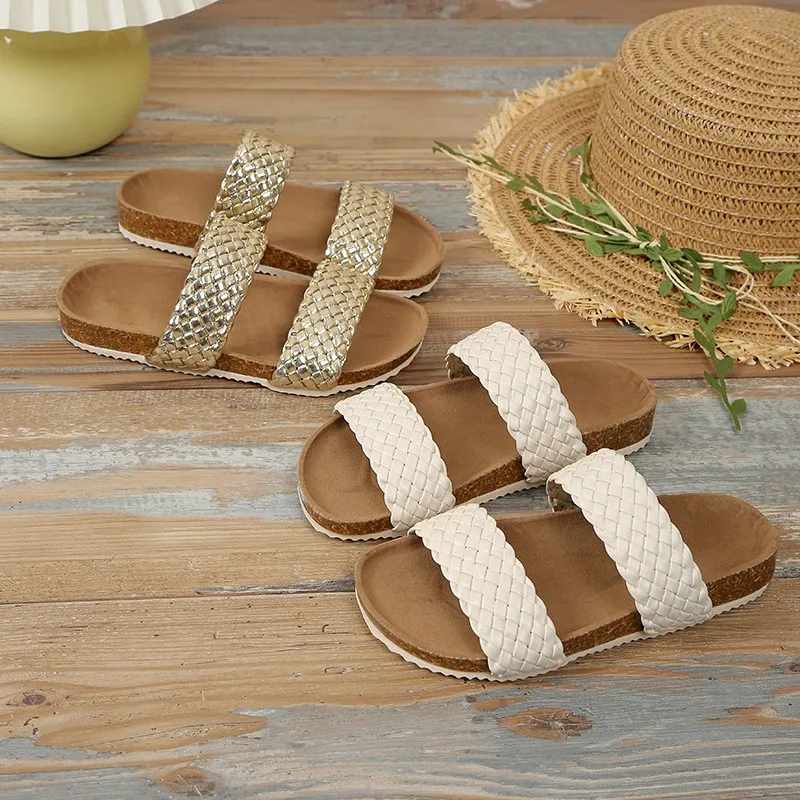 Sandalias trenzadas con punta abierta para niina, zapatos planos a la moda para vacaciones de verano, Color sólido, cómodos,