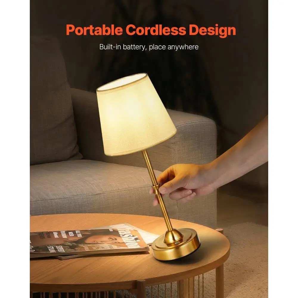Cordless Rechargeable Table Lamp Set with Fabric Shade Gold Finish for Home Office Bedroom Decor