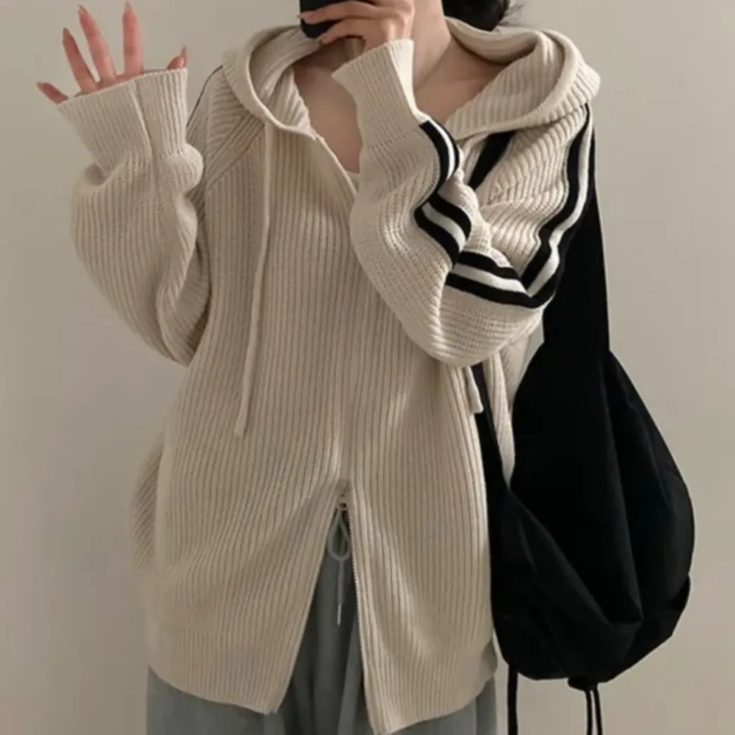 Chic autunno inverno lungo Sve Dstring maglione da donna allentato con cappuccio pendolari Sle versione coreana top lavorato a maglia taglio dritto