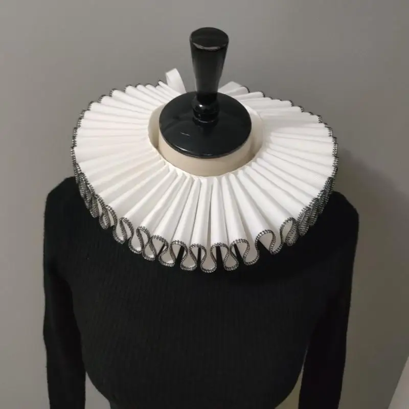 Vintage Ruffled Faux Collar Neck Ruff with Black Edging Victorian Costume Necklace Accessory for Women and Men