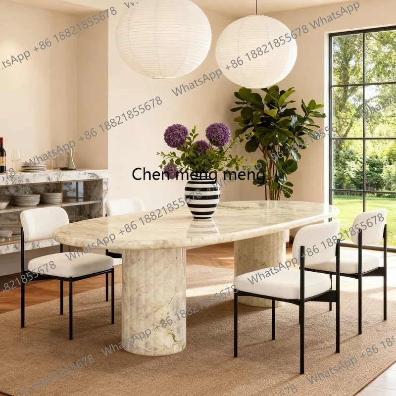 

French minimalist natural Roman travertine dining table designer light luxury marble oval dining table