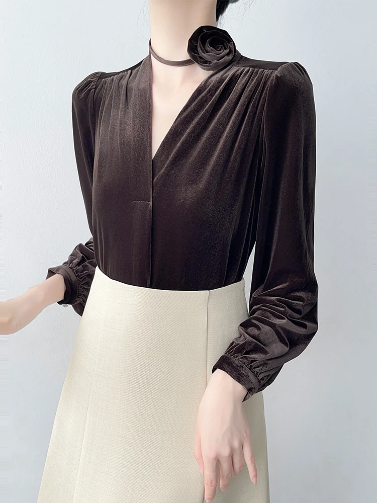 

Корейская бархатная женская кофта на осень-зиму, базовый слой для повседневной носки, с дизайном в виде роз, прямого кроя, с длинными рукавами, V-образный вырез