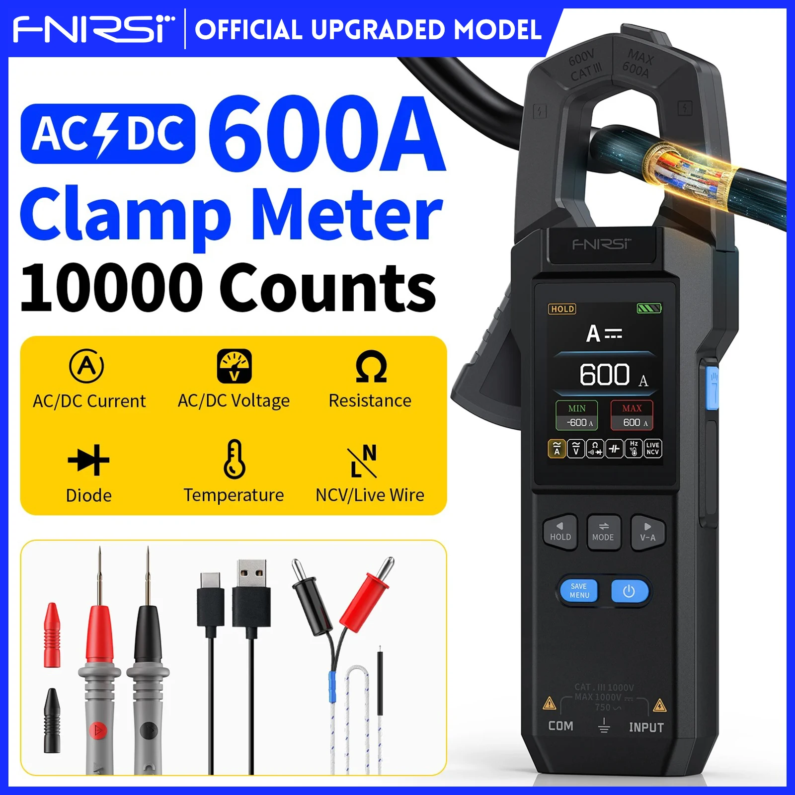 Fnirsi DMC-100 dc ac medidor de corrente braçadeira 10000 contagens multímetro digital 600a braçadeira amperimétrica testador usb ncv ferramenta eletricista