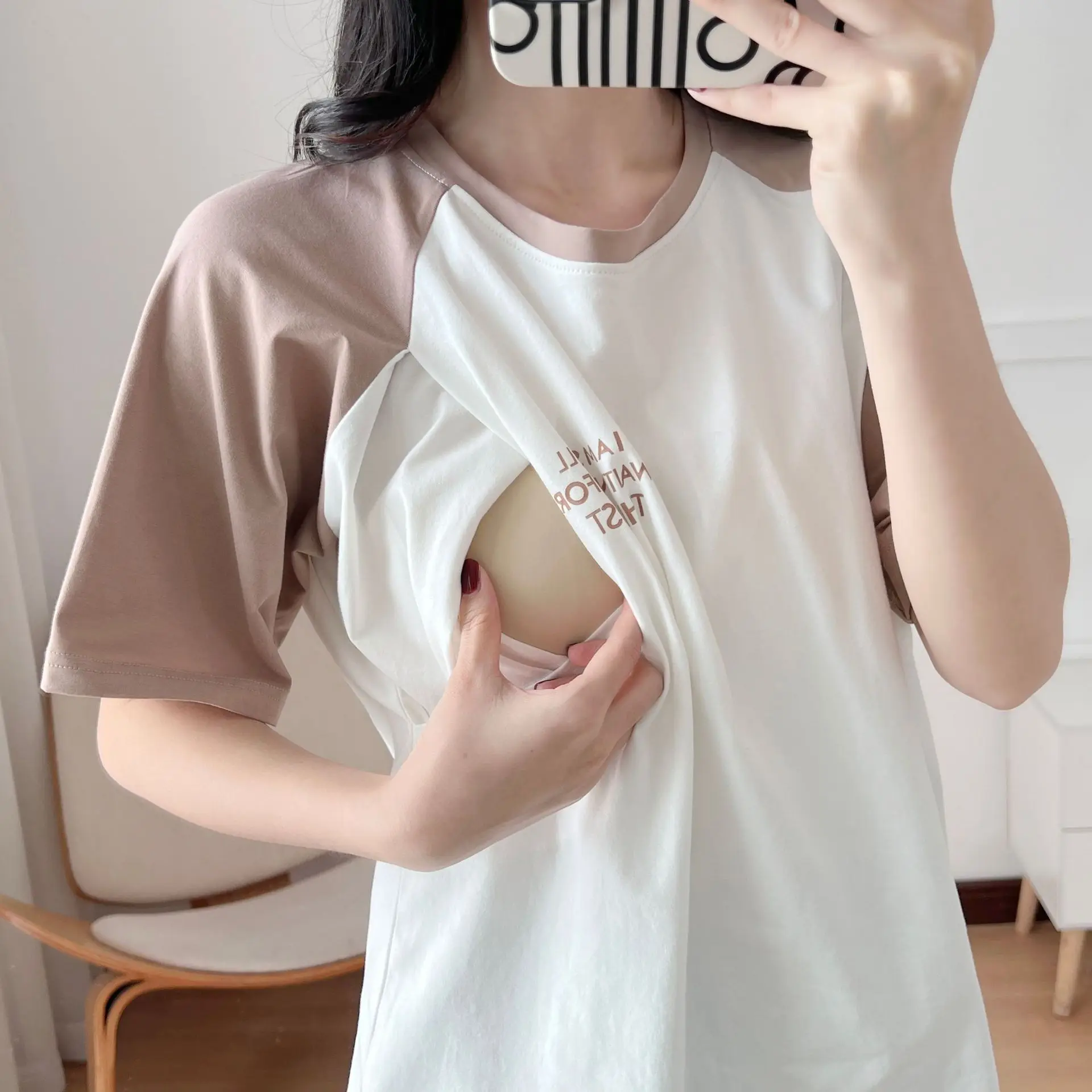 

Maternity 95%Cotton Print Side Opening Breastfeeding T-Shirt With Short Sleeve Nursing Top Tees Pregnancy Clothes For Women 9225