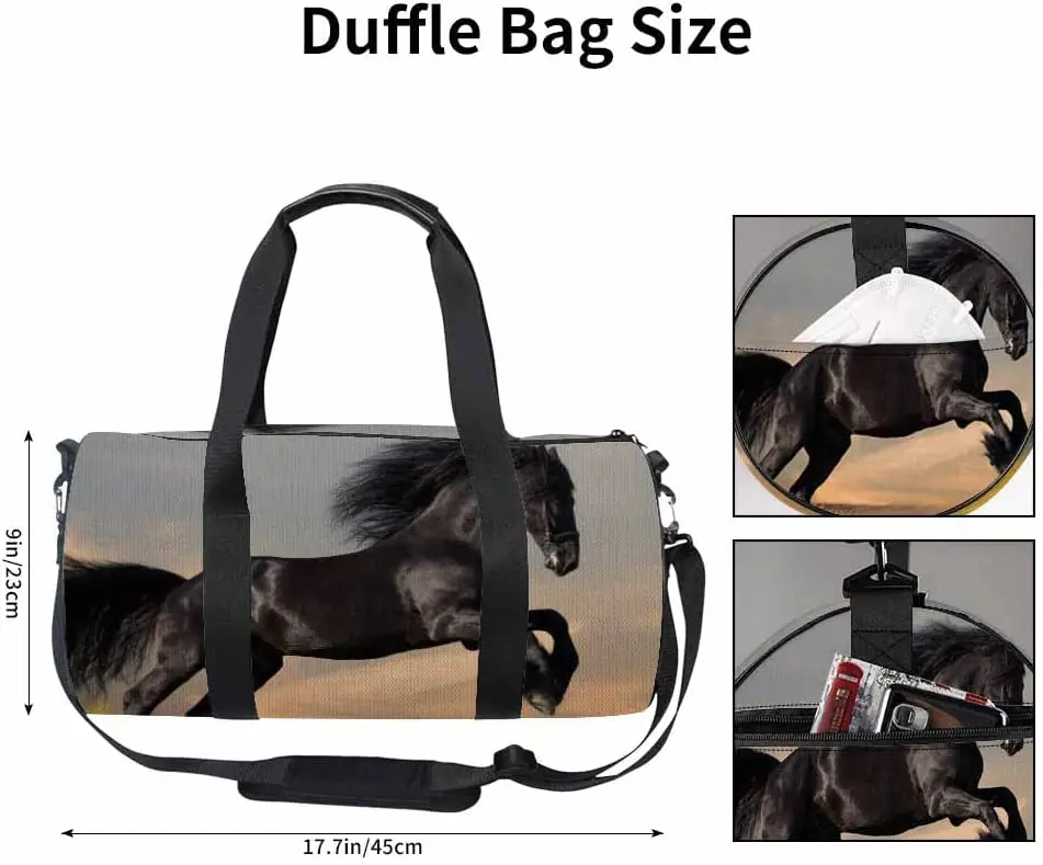 Black Horse Duffle Bag Animal Jumping Black Skin Tail Golden Grass Sunset Gym Bag for Women Man Student Luggage Bag