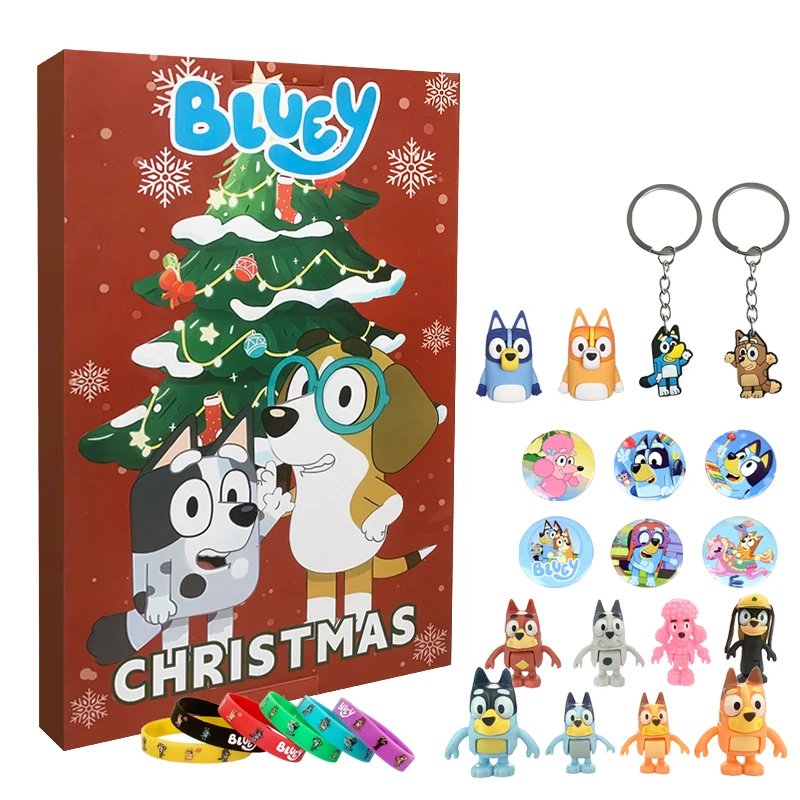 Advent Calendar Bluey And Bingo Anime Toys 24 Day Reward Countdown Badge Key Chain Decoration Children Christmas Gift