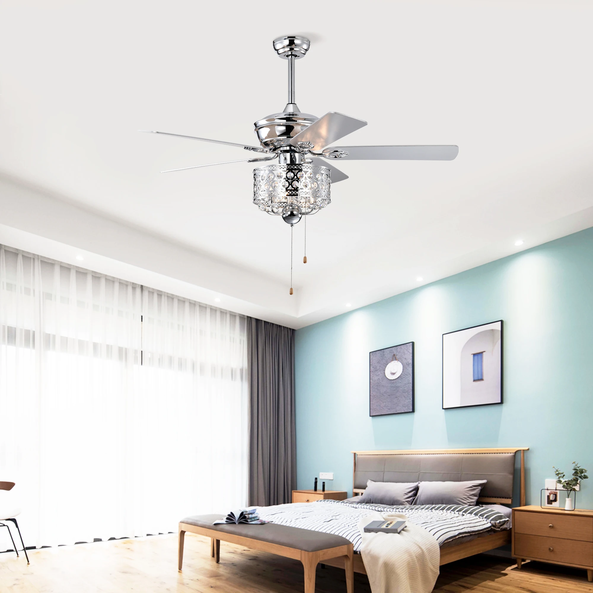 52-inch Indoor Ceiling Fan with Pull Chain,Reversible AC motors , Pull Chain--Chrome (No Include Bulb)