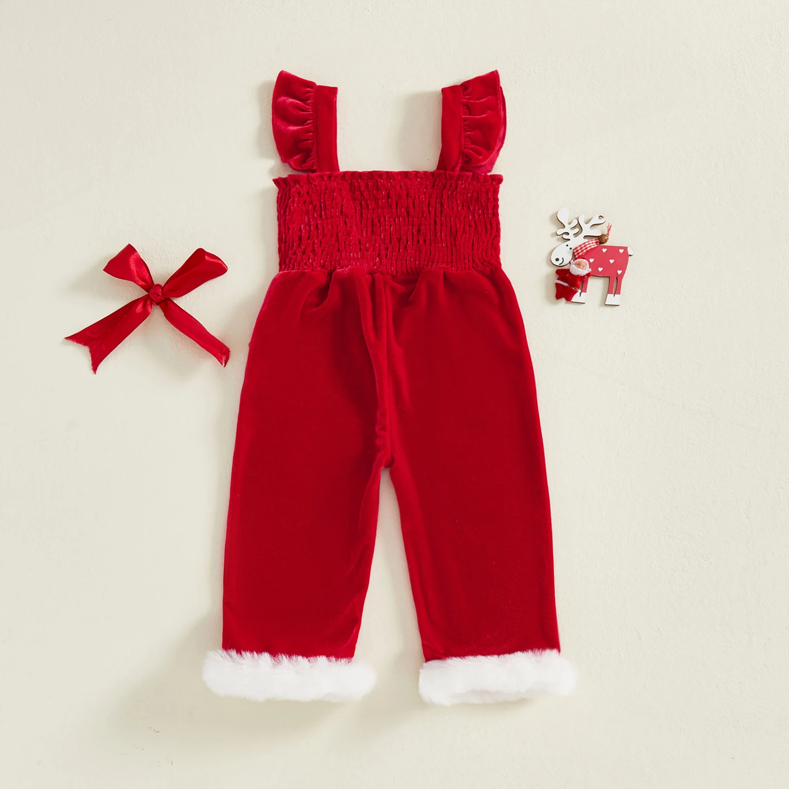 CuteToddler Girls Christmas Overalls Flying Sleeve Square Neck Smocked Full Length Romper Xmas Costume