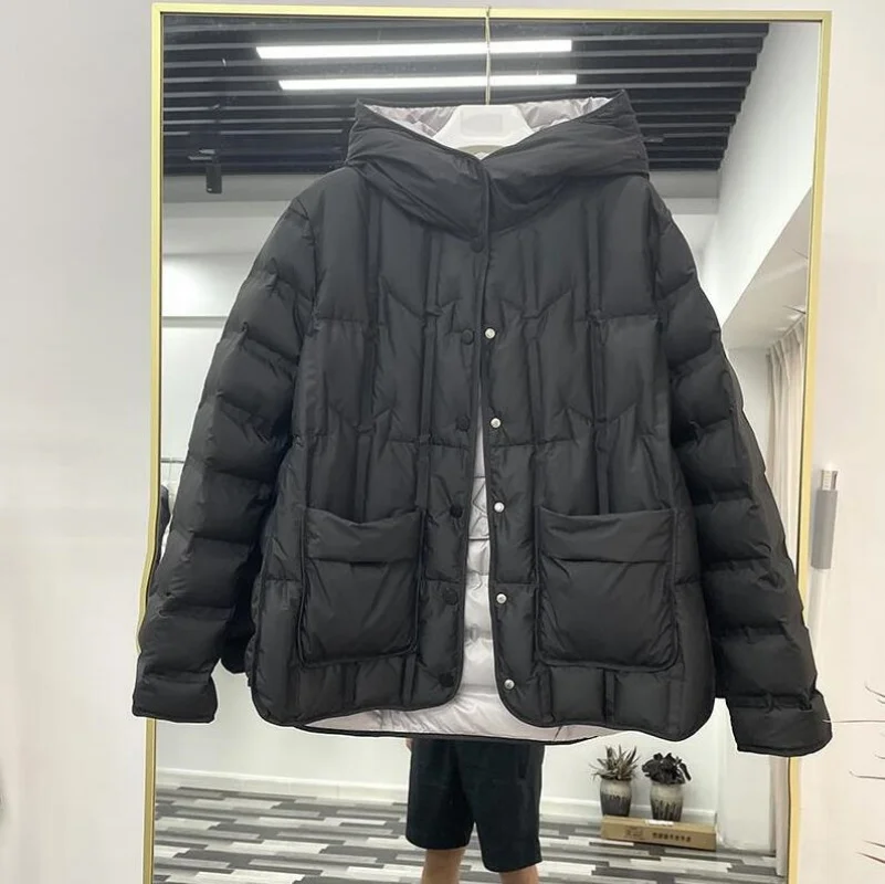 2025 hiver femmes 90% duvet de canard blanc manteau femme col montant simple boutonnage doudoune décontracté ample à capuche Parkas