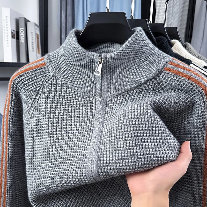 Modischer Herbst-Winter-Strick-Cardigan, Designer-Marke, Klassisches Gestreiftes Design, Herren-Reißverschluss-Stepphals, Neuer Koreanischer Lässiger Pullover-Mantel – Detail 10