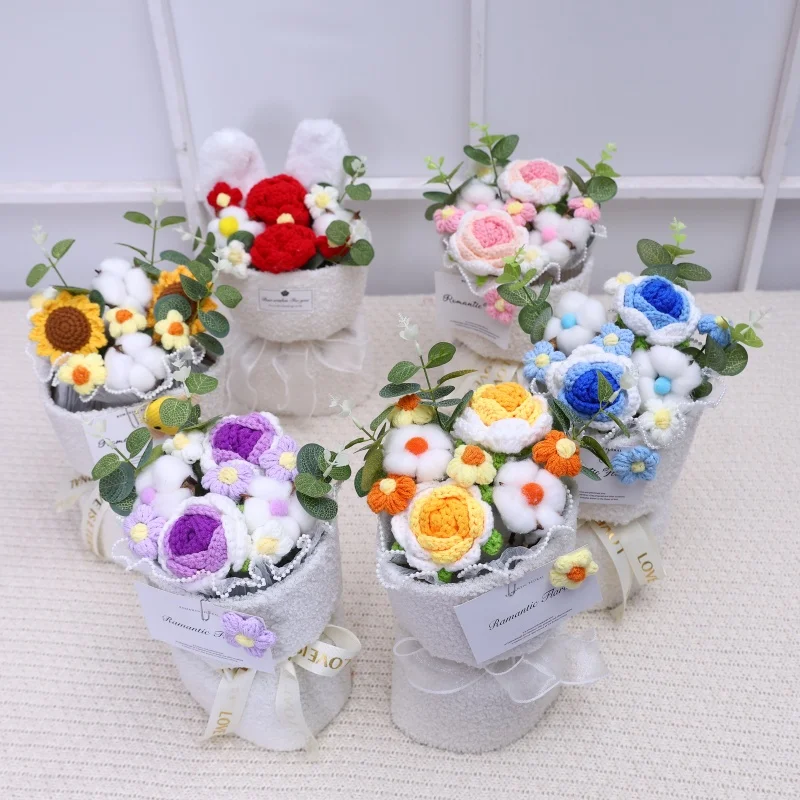 Girasoli rosa Piante di peluche Bouquet creativi lavorati a maglia con finitura all'uncinetto San Valentino Regalo di laurea di compleanno per la festa della mamma