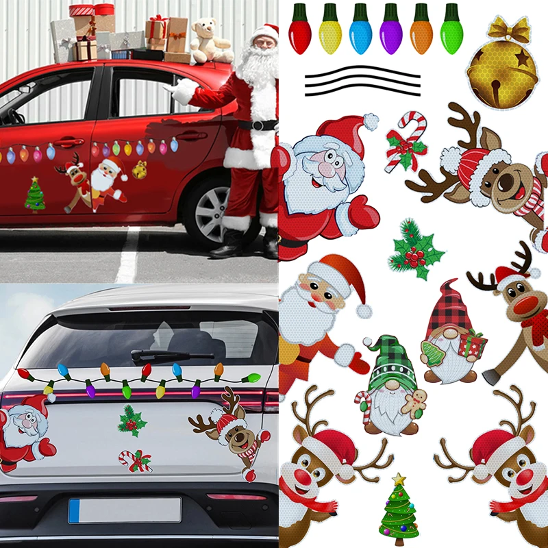 

Christmas Decoration Car Sticker Magnetic Decal Refrigerator Magnets Light Bulb Santa Claus Snowman Reflective Sticker Car Decor