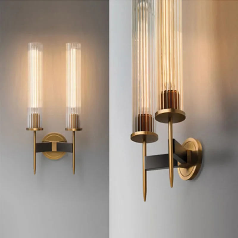 현대 황동 벽 램프 Sconce 늑골이있는 긴 유리 빈티지 레트로 구리 호텔 레스토랑 로프트 바 침실 머리맡 허영 벽 조명