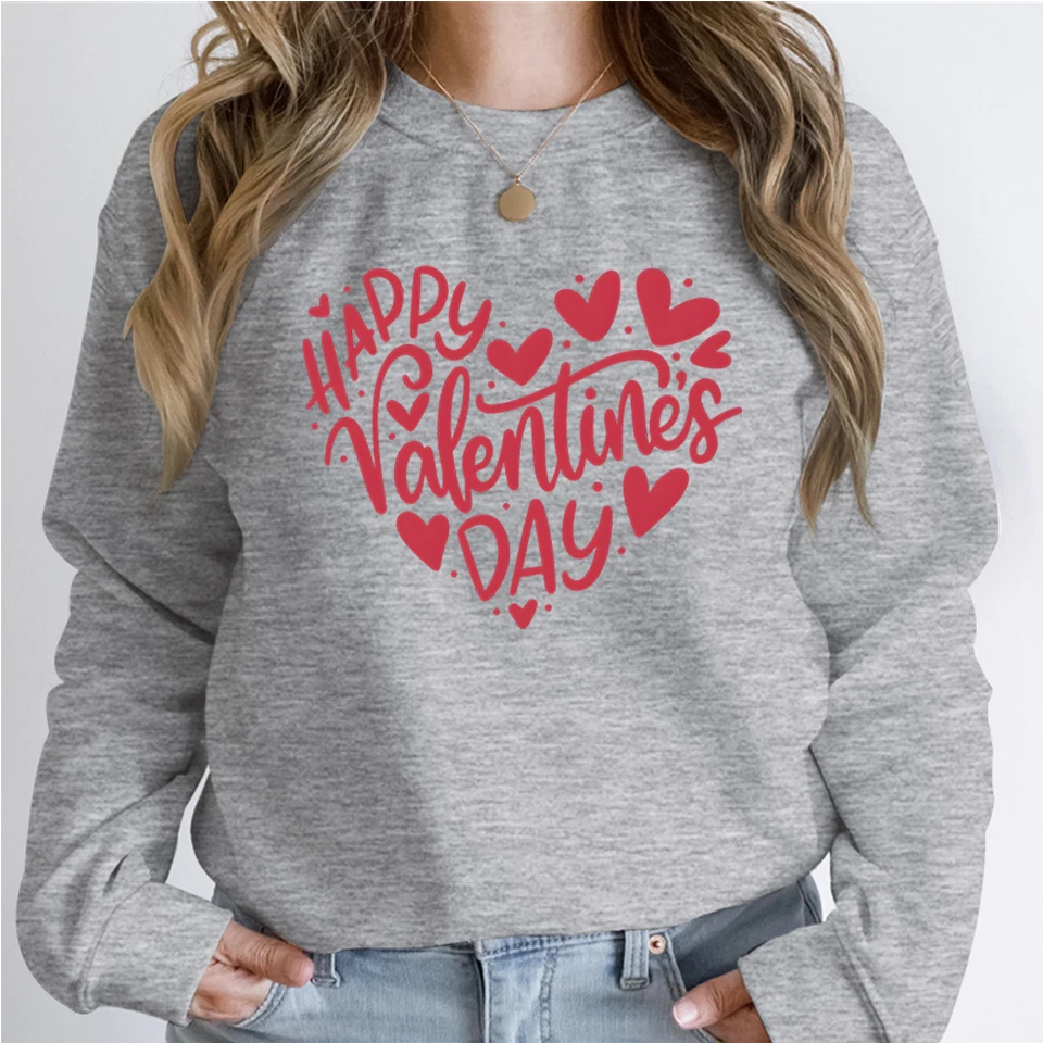 Happy Valentine's Day Sweater Pink Love Heart Letter Print Women's Sweatshirt Hoodie Funny Cute Valentines Day Gift for Womens