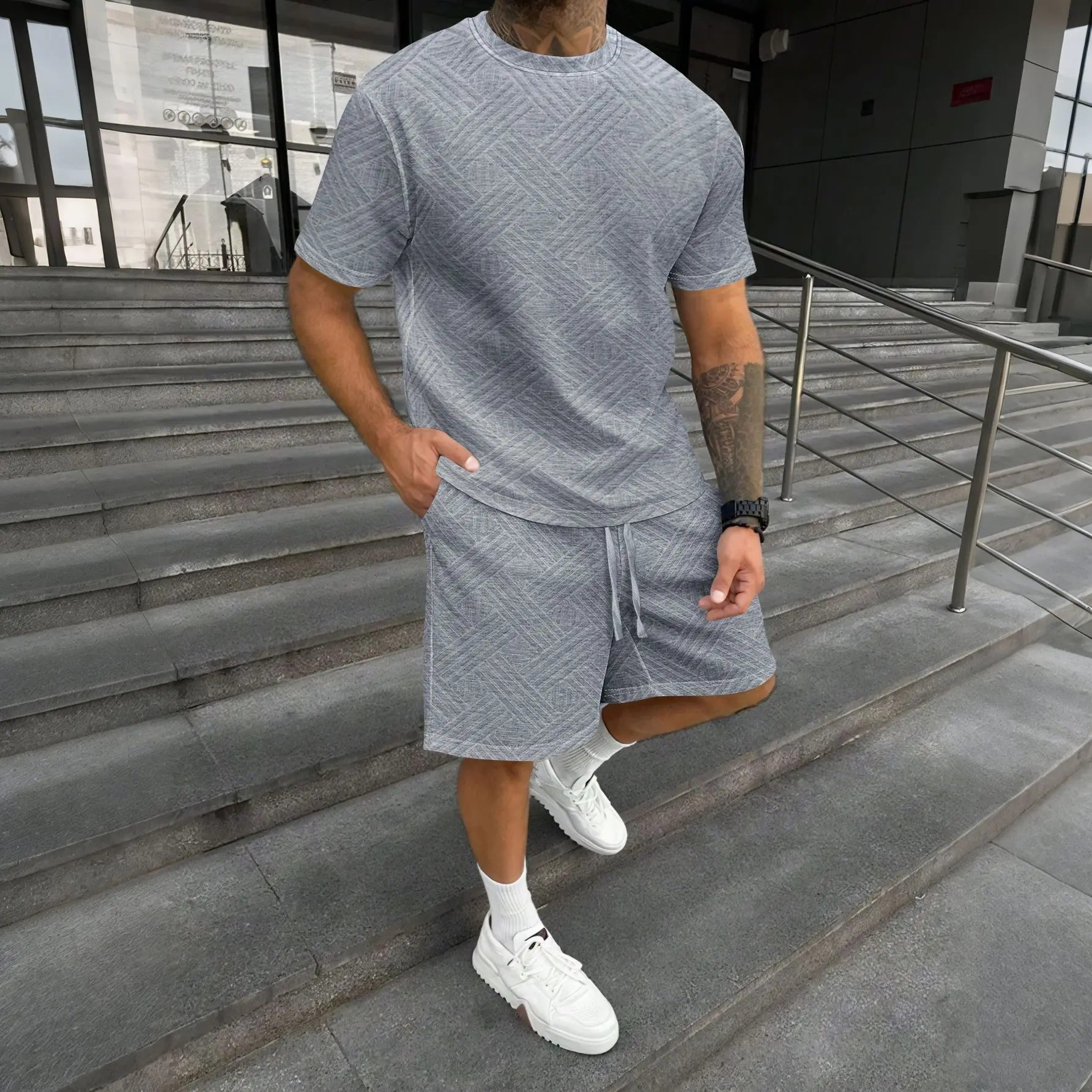 New men's summer jacquard short-sleeved shirt and short pants casual breathable… - Image 5