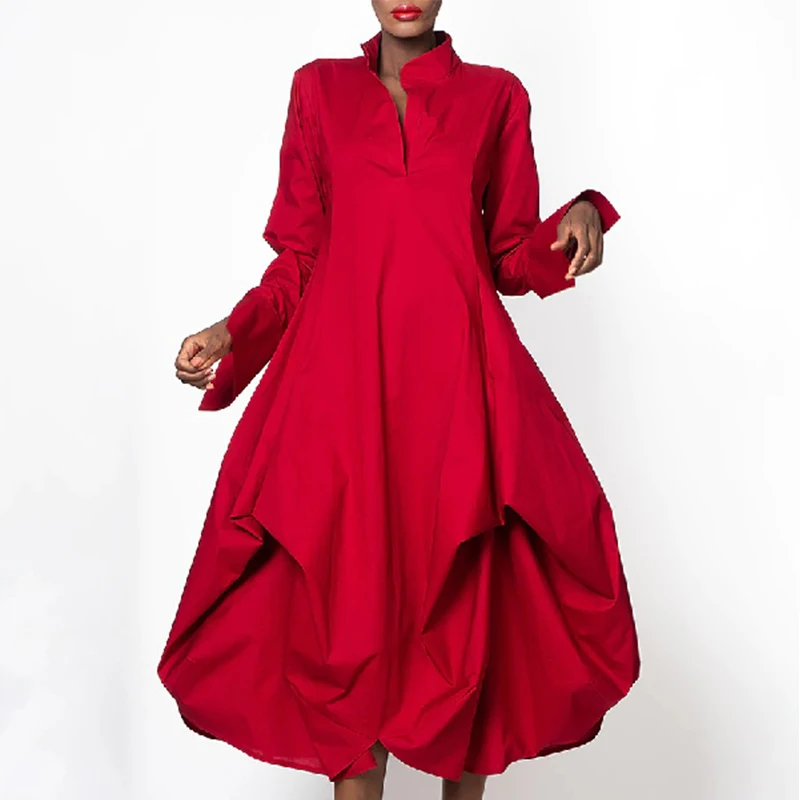 Uoozee Dresses For Urban Women 2023 Stylish Solid Color Loose Stand-Collar Long Sleeves Party Midi Dress