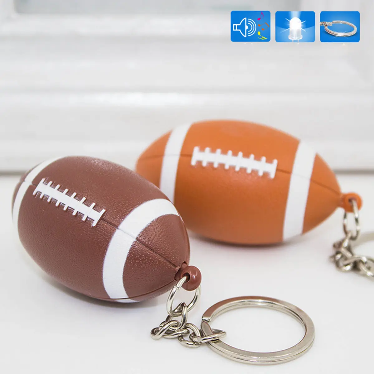 Sound LED Keychain 2pcs Rugby Design Creative Key Ring for Keys, Bag, Phone – Orange & Coffee, Micro Size Party Gift