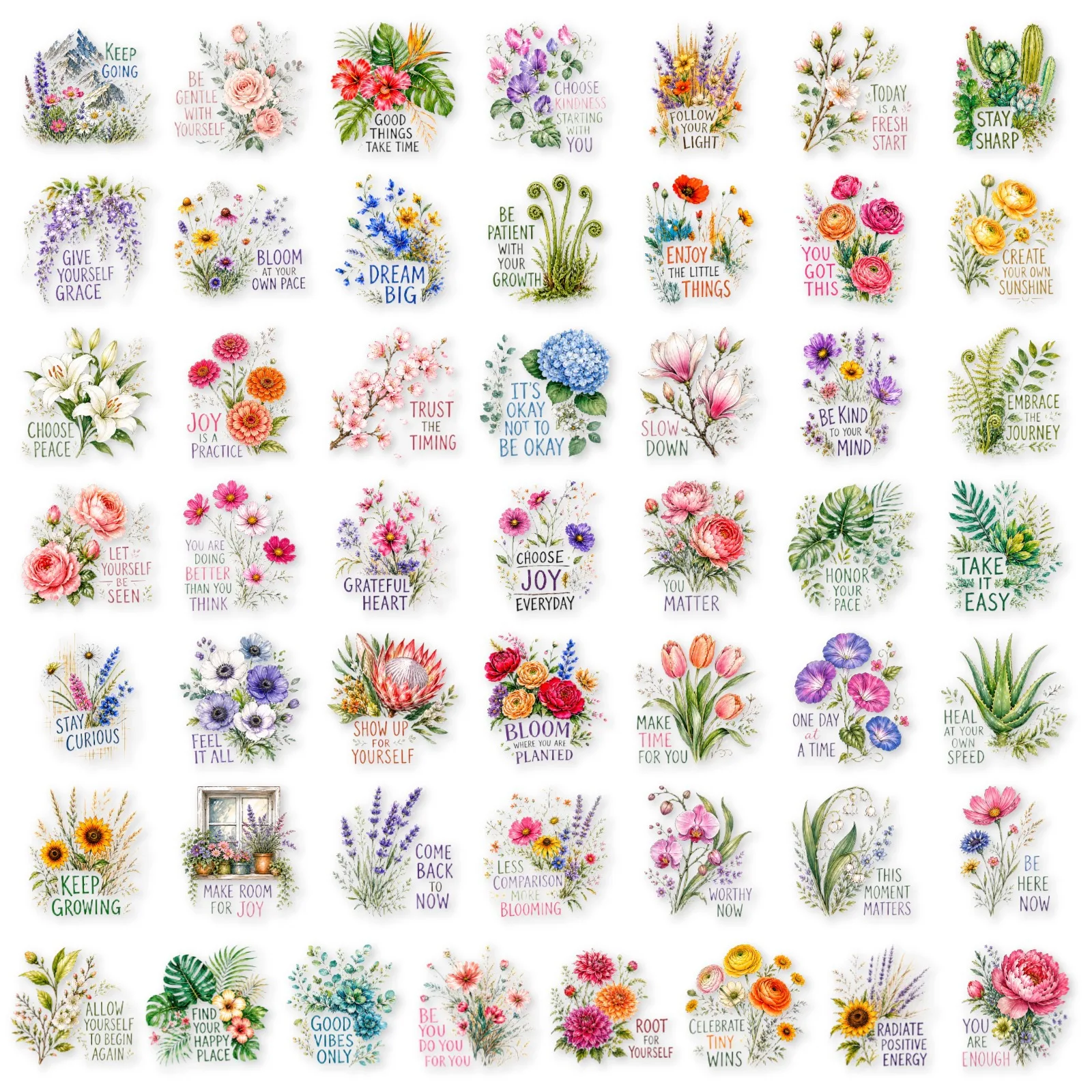 50 Pcs Ins Style Watercolor Flower Inspirational Quote Stickers PET Waterproof Decals for Journal Laptop Water Bottles Notebook