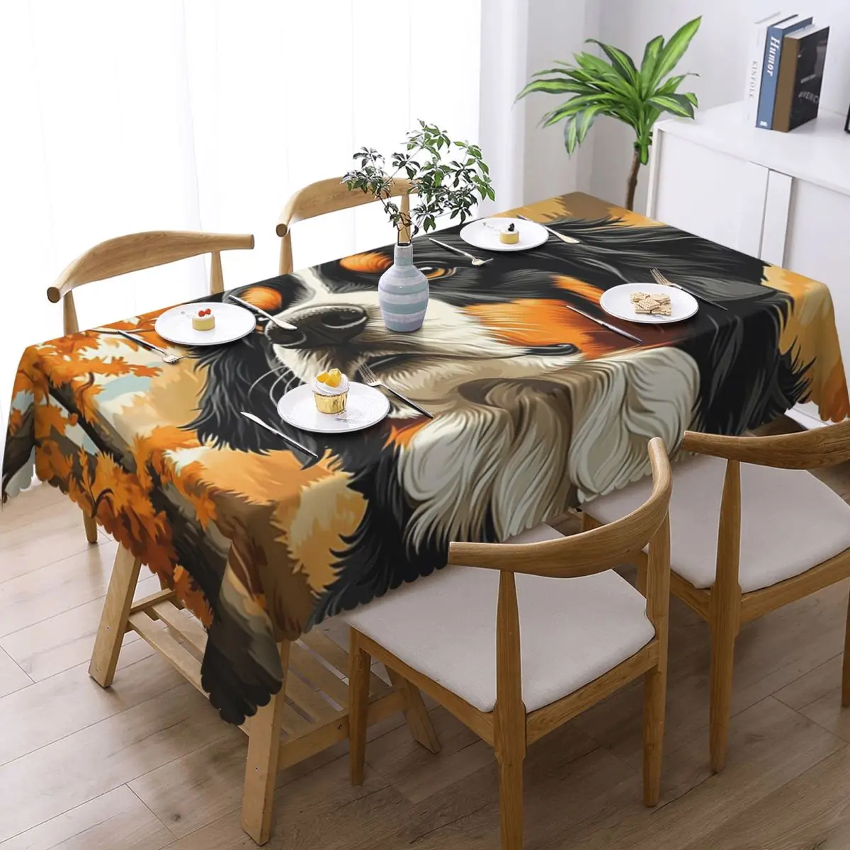 Bernese Mountain Dog In Autumn Custom Rectangular Tablecloth Waterproof Table Cover for Dining Events Table Cloth