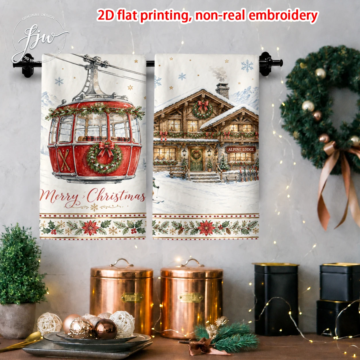 2pcs Christmas Theme Kitchen Towels Set of 2 2D Flat Printed Holiday Dish Towels for Xmas Home Decor