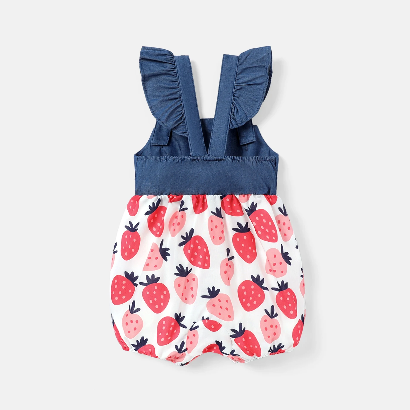 PatPat Baby Girl Strawberry Print Denim Splice Flutter-sleeve Overalls