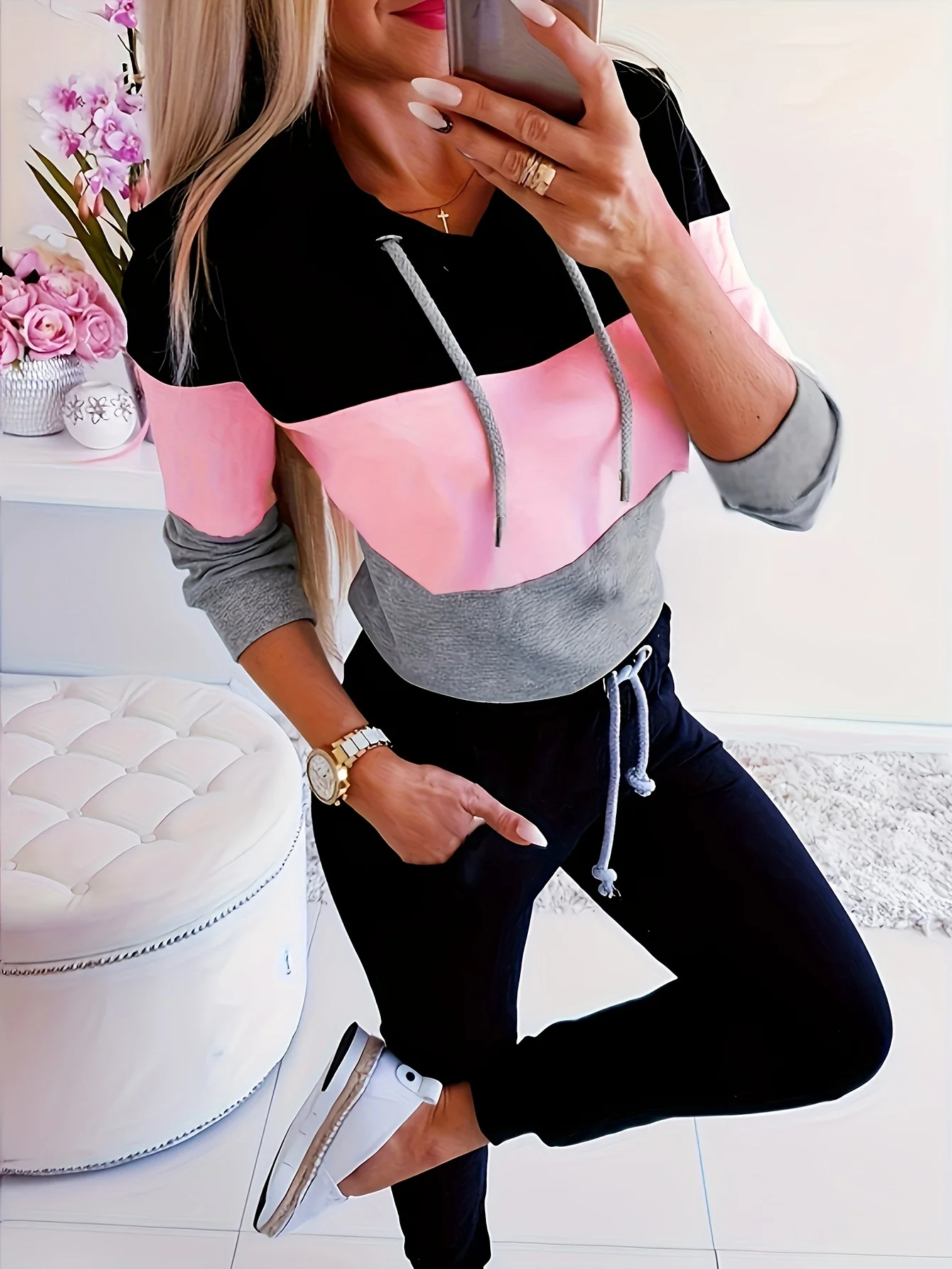 Fashion Pop Style Long-Sleeved Top Sexy Color Block Loose Fit Shirt Trendy Cap-Features Casual Wear for Women