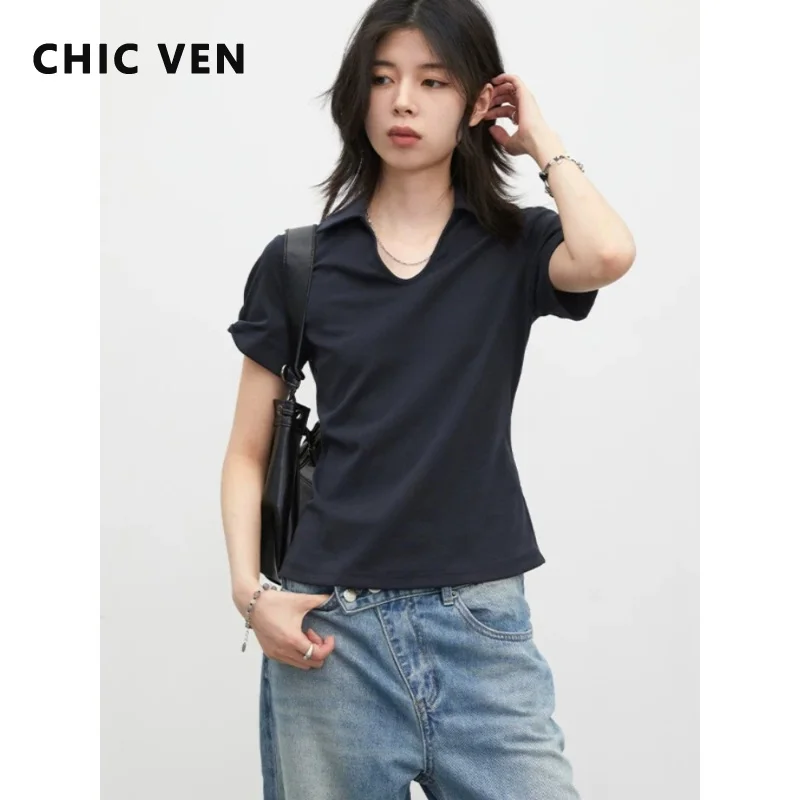 CHIC VEN Fashion Korean Women Summer Tees New Solid Slim Fit Short Sleeved Lady TShirts U-neck Top Pullover 2026 Clothing