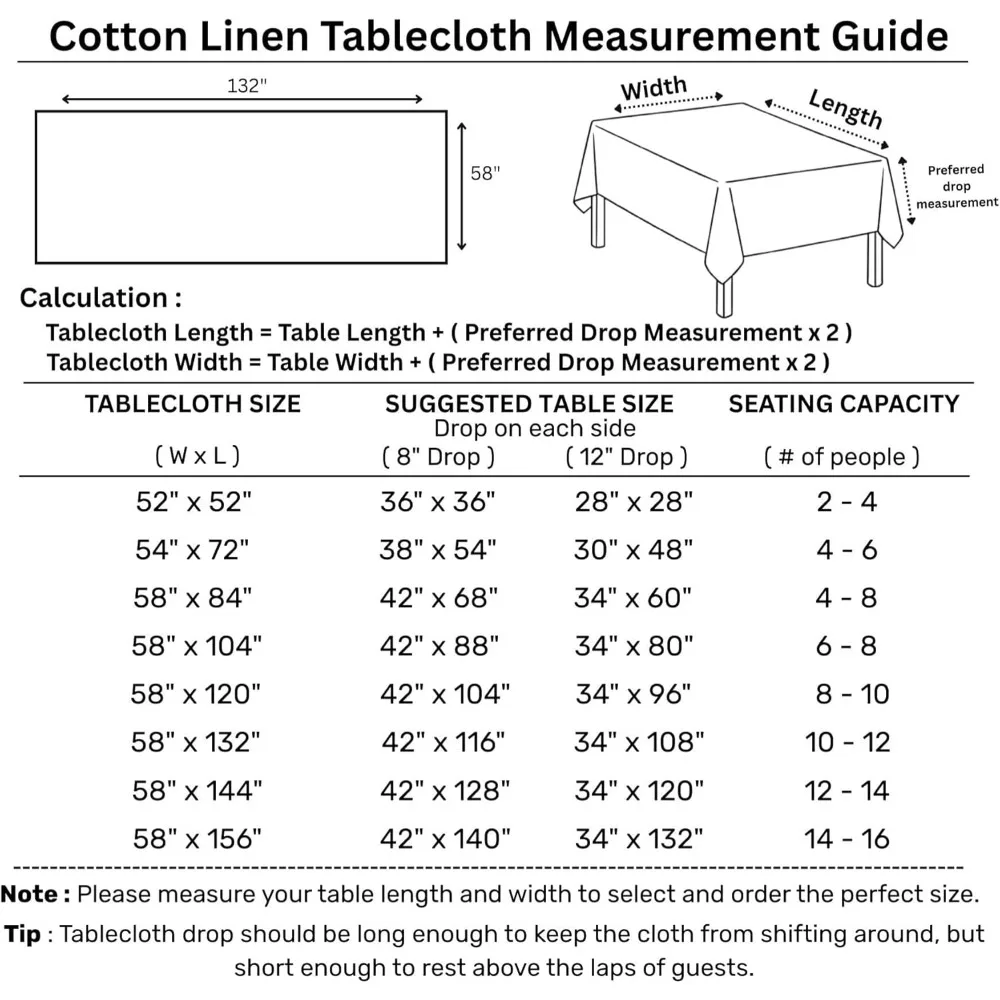 Cotton Linen Tablecloth 58x132 Inches - Hemstitch Design Rectangular, Machine Washable for Family Dining
