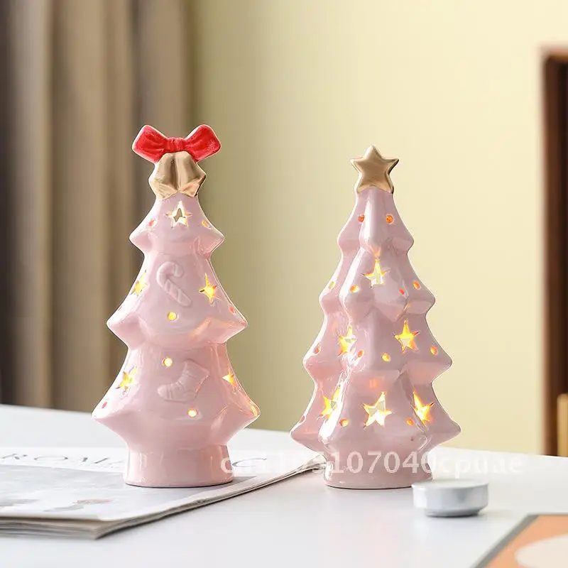 

Cute Ceramic Pink Star Christmas Tree Night Light Birthday Gift Home Desktop Atmosphere Lamp with Pink Bow