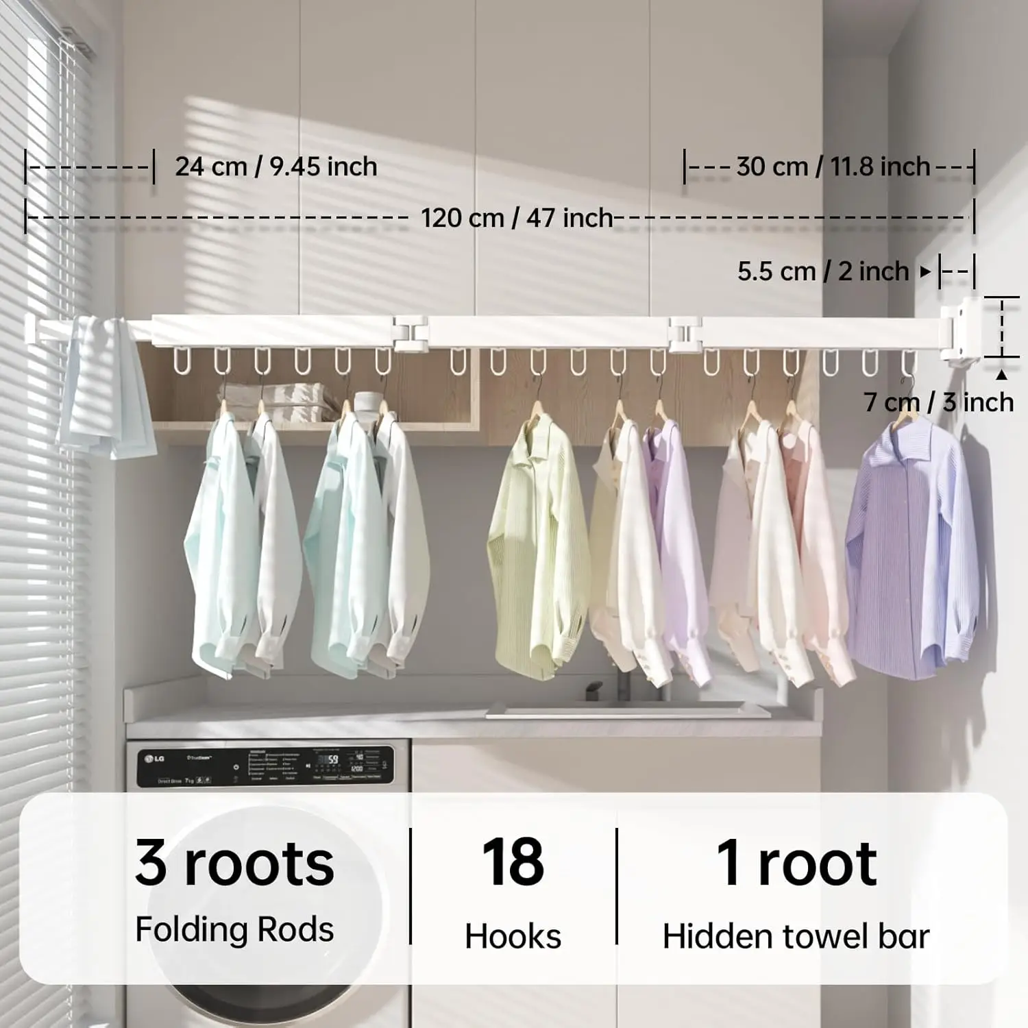 Wall-Mounted Drying Rack with 18 Hooks,folding Clothes Racks Space Saving Tri-Fold Scalable Clothes Dryer for Indoor & Outdoor