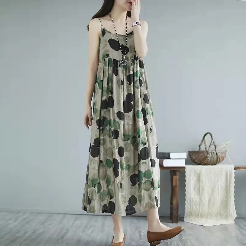 

Sleeveless Strap Vintage Floral Polka Dot New in Dresses for Women Casual Loose Long Summer Beach Dress Elegant Clothing 2025