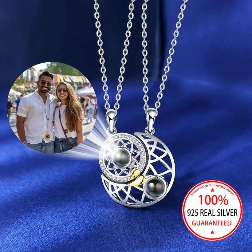 

925 Sterling Silver Custom Color Photo Projection Sun Moon Couple Pendant Necklace For Women Wedding Personalized Gifts