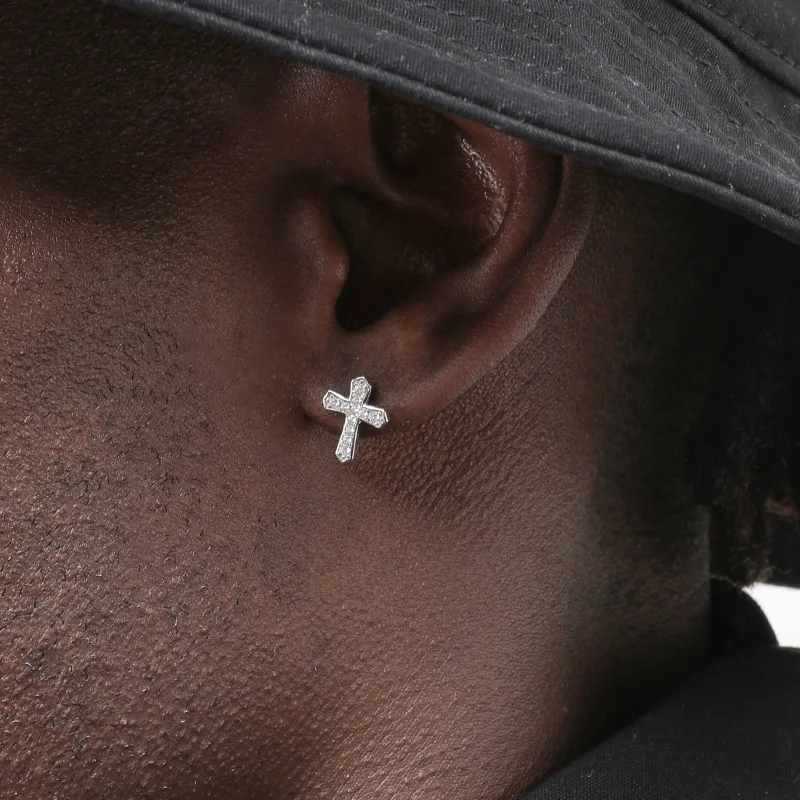 Fashion Personality 925 Sterling Silver Inlaid Tiny Zircon Cross Stud Earrings for Man Hip-hop Jewelry Street Dance Accessories