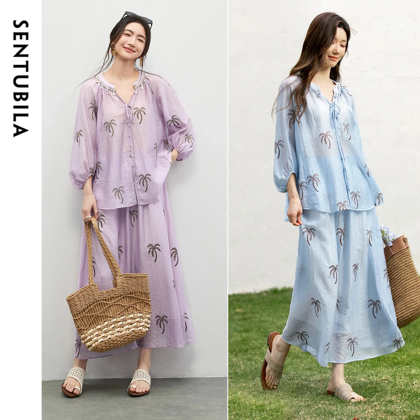 

Женский новый комплект SENTUBILA: топ с пышными рукавами и юбка А-силуэта с вышивкой, легкий комплект из двух предметов, весна 2026, 161ZK4870