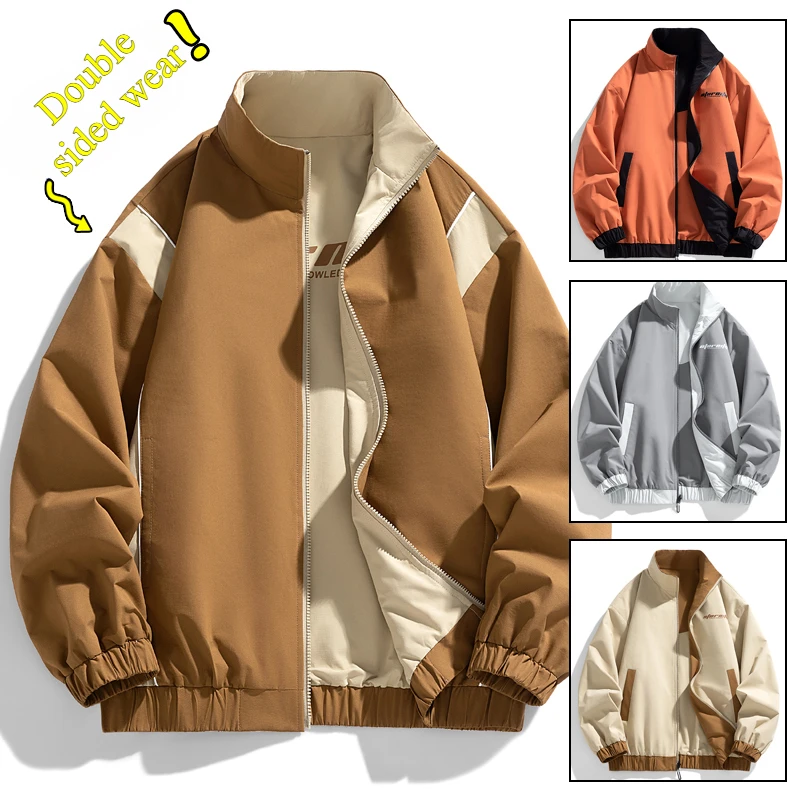 Autumn Men Jacket Windproof Stand Collar Double Sided Wear Fashion Trends Male Coat Versatile Casual Locomotive Top Clothing New