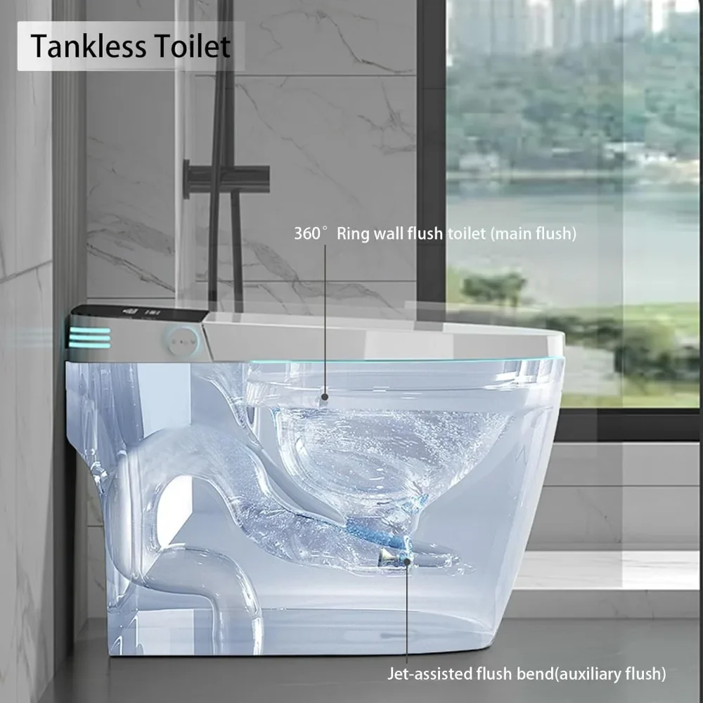 Tankless Toilet，1.28 GPF,Heated Bidet with Dryer&Warm Water,Foot Sensor and Night Light,Auto Flush Open & Close Lid,Smart Toilet