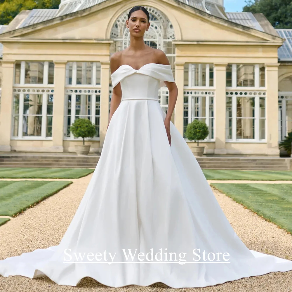 

Sexy Off The Shoulder Wedding Dresses for Woman Customized Sweetheart Pleat Back Zipper Buttons A Line Bridal Gowns Bride