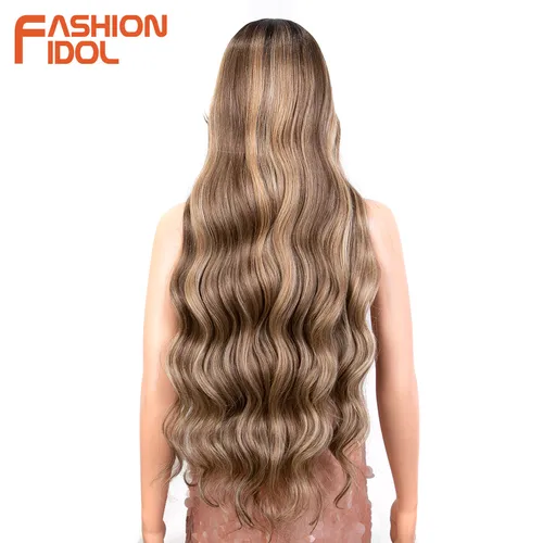 Imagen 2 del producto FASHION IDOL-peluca de encaje ondulado para mujer, pelo sintético Rubio degradado sin pegamento con pelo de bebé, pelucas de Cosplay para mujer, peluca de encaje ondulado profundo, 34 pulgadas