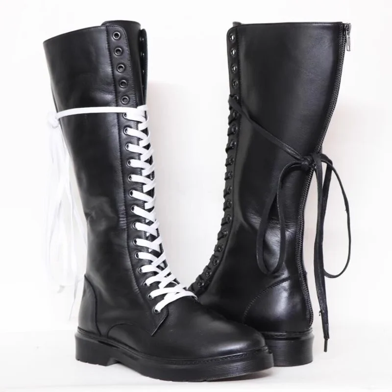 Men Lace Up Long Knight Boots 2025 New Trendy Cowhide High Top Mid Boots Back Zipper Knee High Motorcycle Boots Cool Shoes
