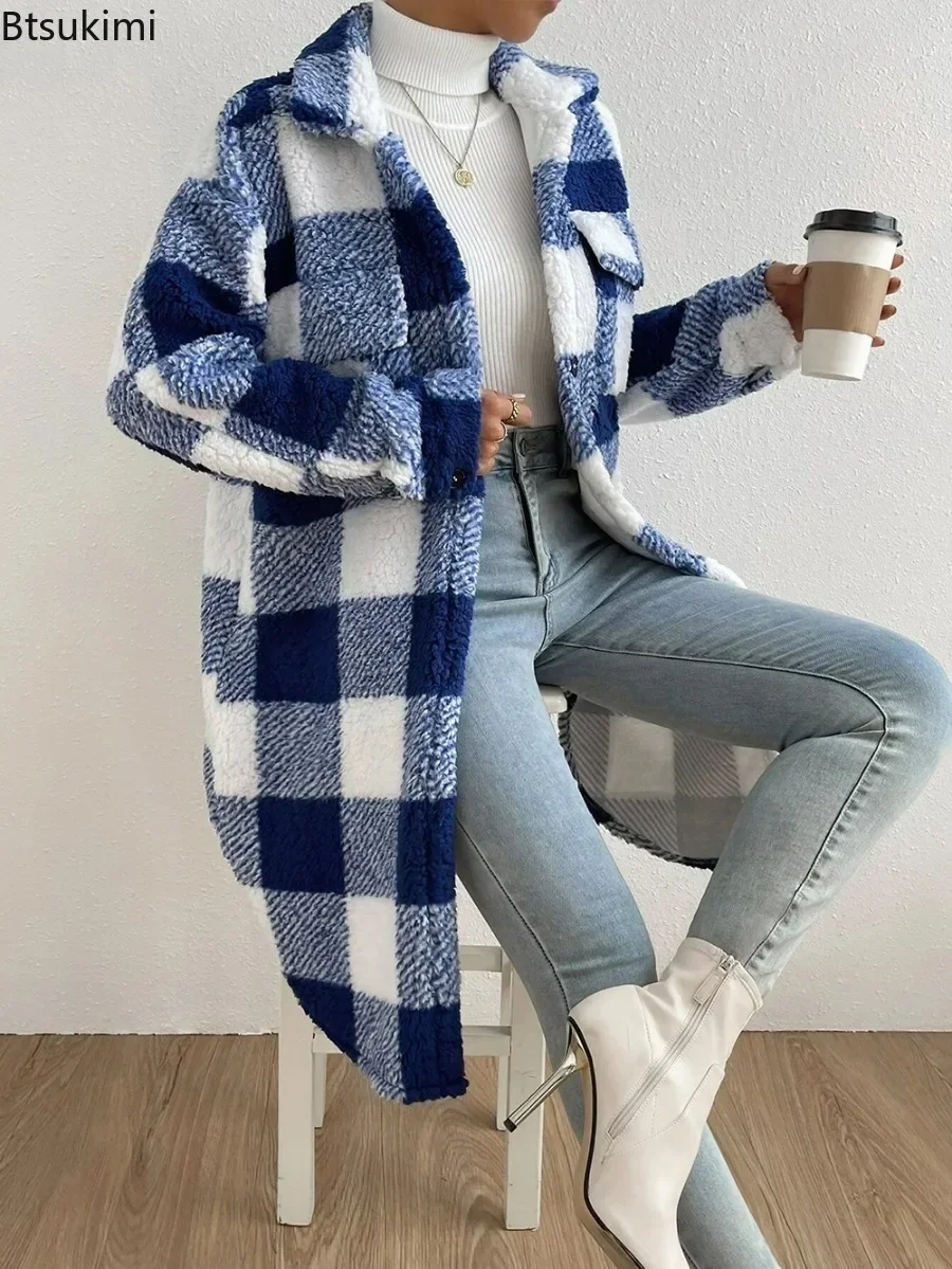 2024 Women\'s Thick Warm Jackets Coats Autumn Winter Elegant Open Button Lapel Plush Plaid Loose Temperament Commuter Long Coat